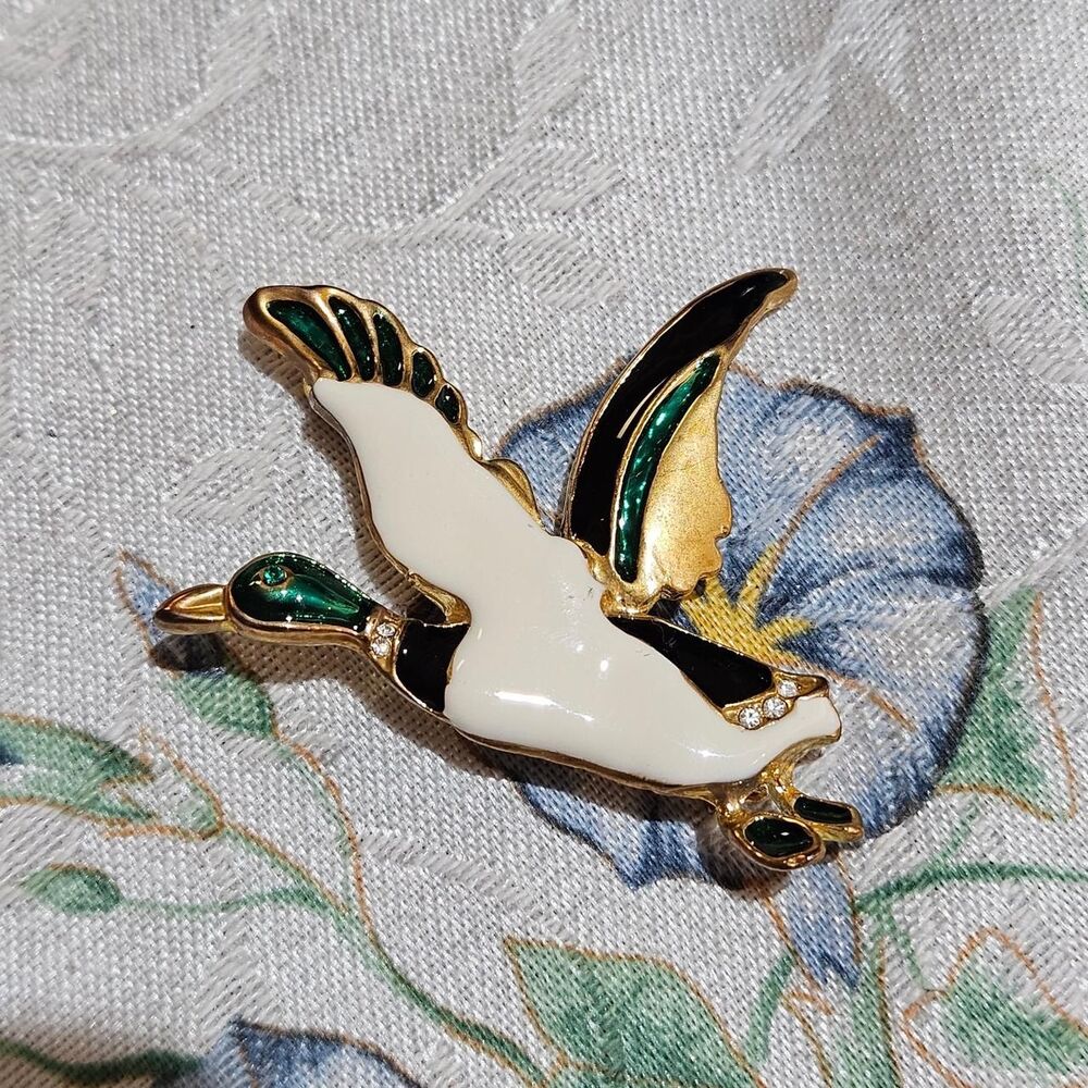 vintage granola enamel mallard duck flying brooch